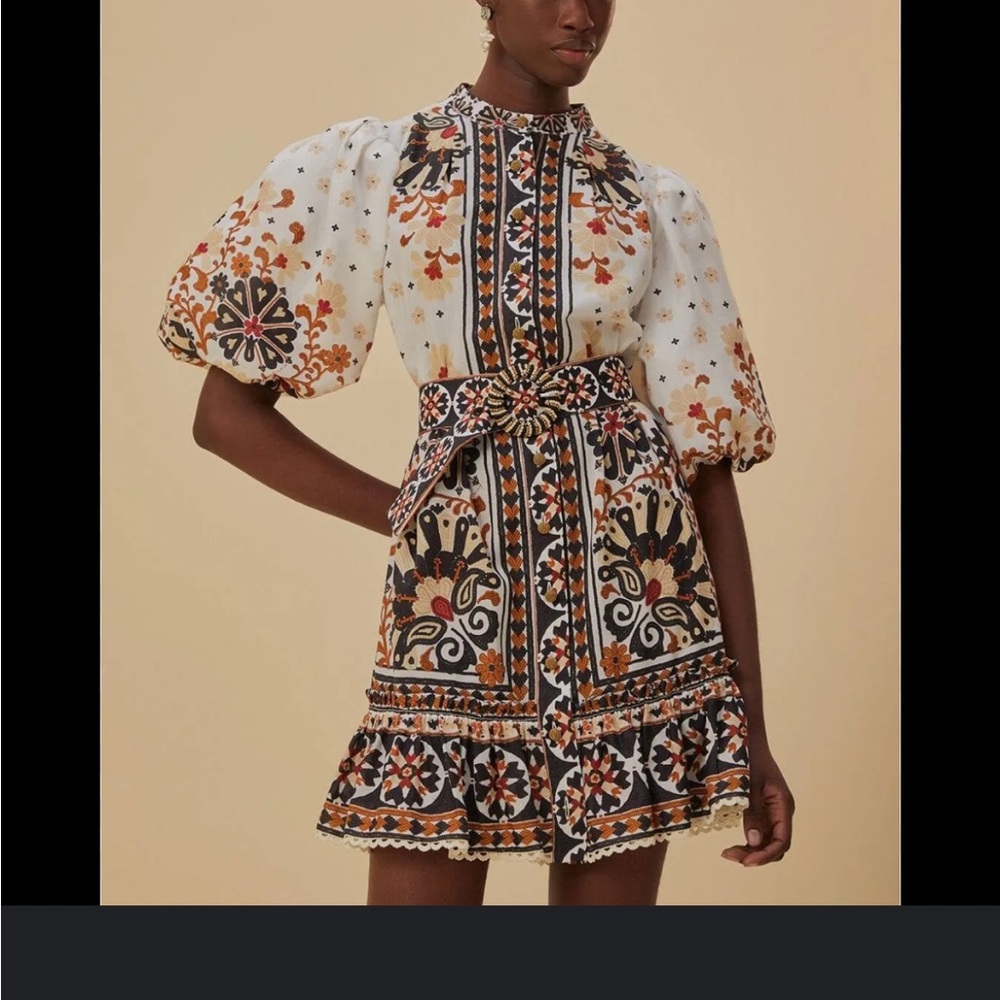 Farm Rio Flower Fan Tapestry Print Puff Sleeve Patterned Mini Dress